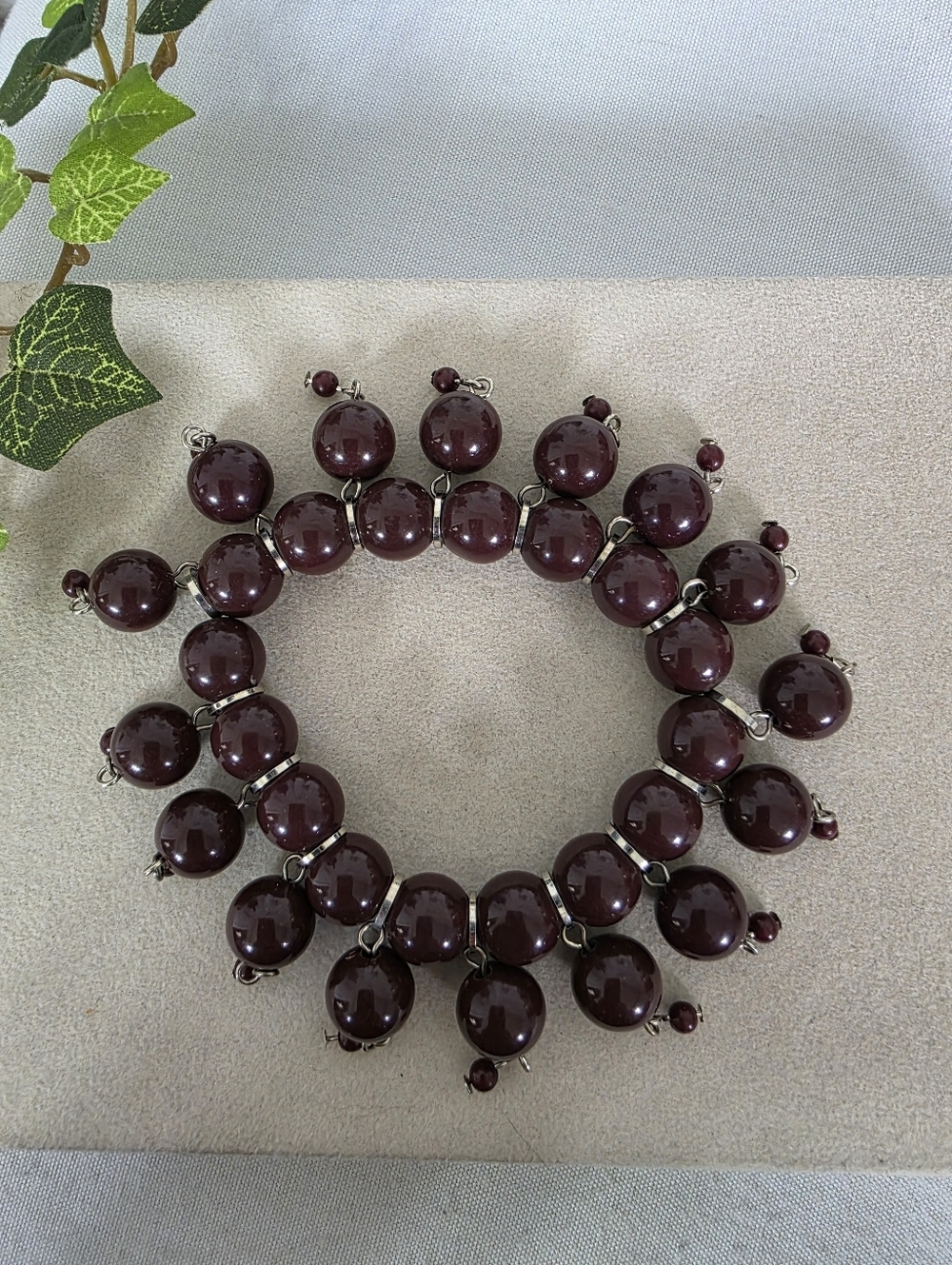 Brown Burgundy Resin Bead Stretch Bracelet Silver Fringe Dangle Statement